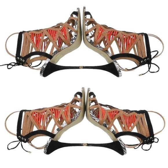 River Island Strappy Caged Mixed Print Heels Black Coral Tan Women’s 7 US | 5 UK - Picture 11 of 16